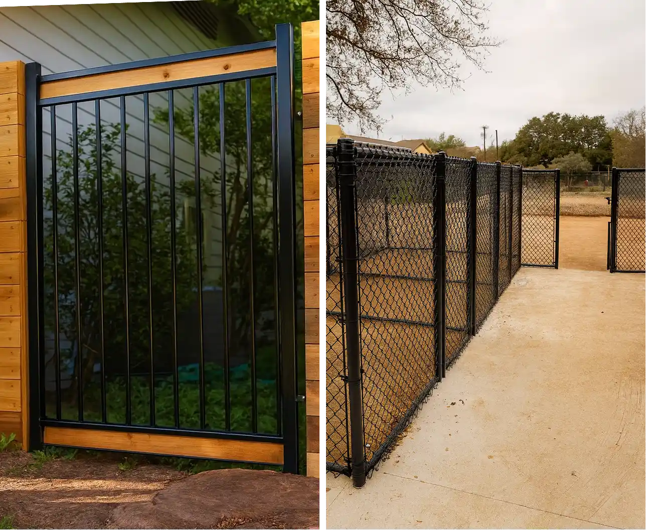 A side-by-side comparison showing a modern black metal picket gate with wood trim and a black vinyl-coated chain-link fence.