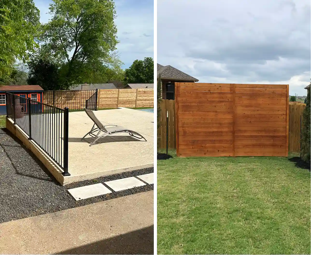 A split image showing a black aluminum ornamental pool fence on a concrete patio and a horizontal wood privacy screen centered in a grassy yard.