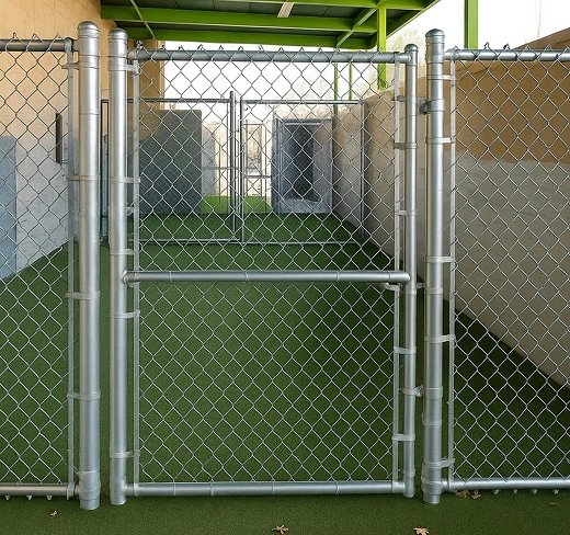A galvanized chain-link fence and matching pedestrian gate enclosing an indoor area with artificial turf.