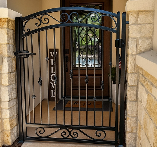 Black iron arched gate with decorative scrollwork and twisted pickets guarding a stone-pillared entryway.