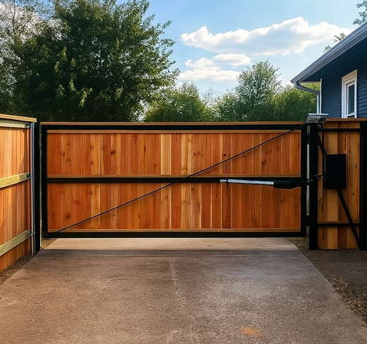 A heavy-duty automated cedar privacy gate featuring a black metal frame and an electronic swing arm operator on a concrete driveway.