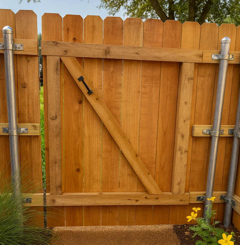 A dog-ear cedar privacy gate with a diagonal wood cross-brace and a black handle, supported by round galvanized steel posts.