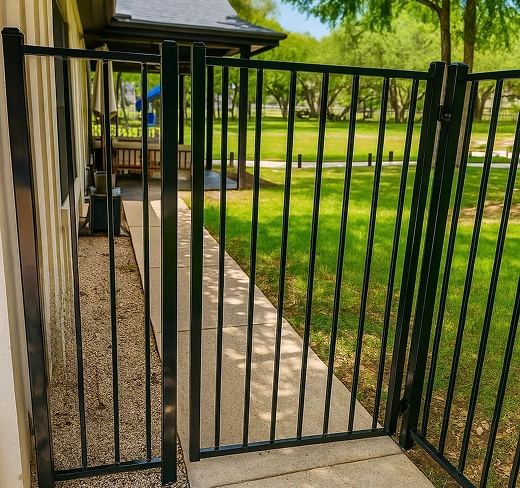 A black aluminum picket fence and matching gate guarding a concrete walkway leading to a backyard.