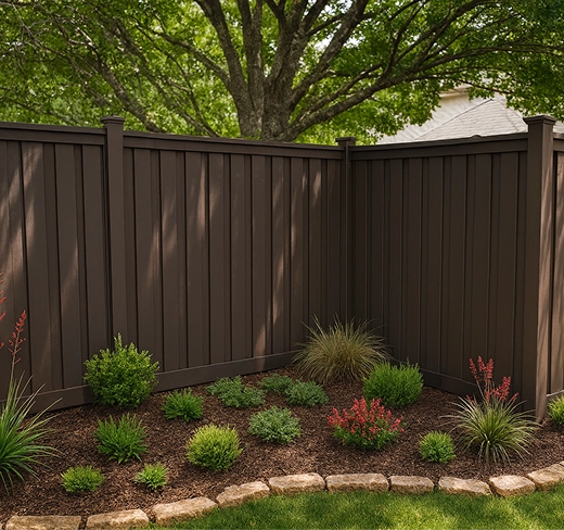 A corner view of a dark brown vinyl board-on-board privacy fence installed around a landscaped garden bed with mulch and shrubs.